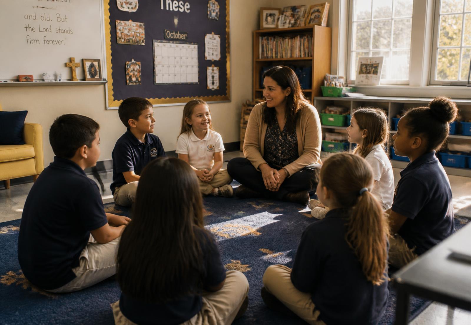 Elementary students in a classroom circle led by a Positive Discipline facilitator
